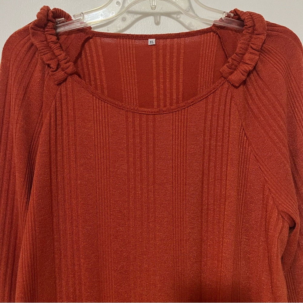 Women’s XL Rust Orange Long Sleeve Ribbed Ruffled Neck Knit Sweater Top